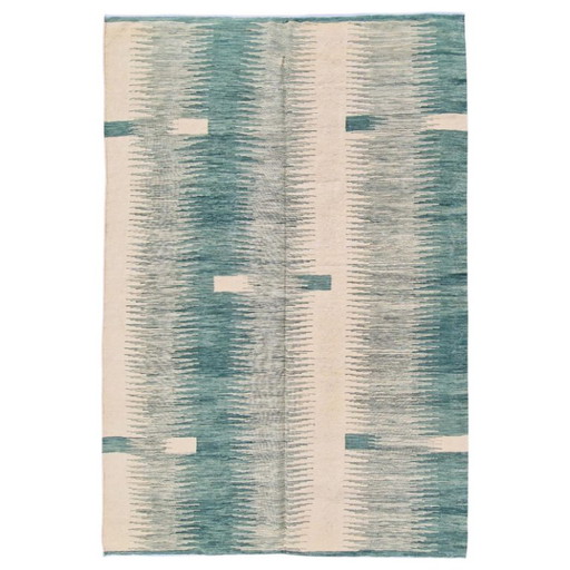 Alfombra Kilim Ikat verde moderna tejida a mano | Tejido plano | Contemporánea | 246 × 171 cm (97 × 67 pulgadas)