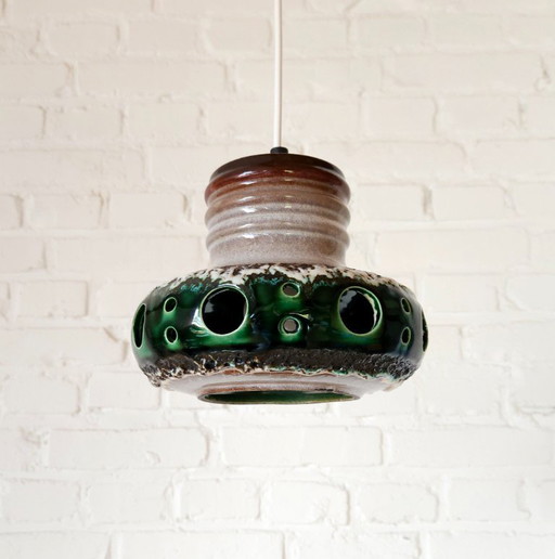 Keramieken aardewerken vintage hanglamp van Herda, west germany fat lava stijl, keramische retro, groene hanglamp