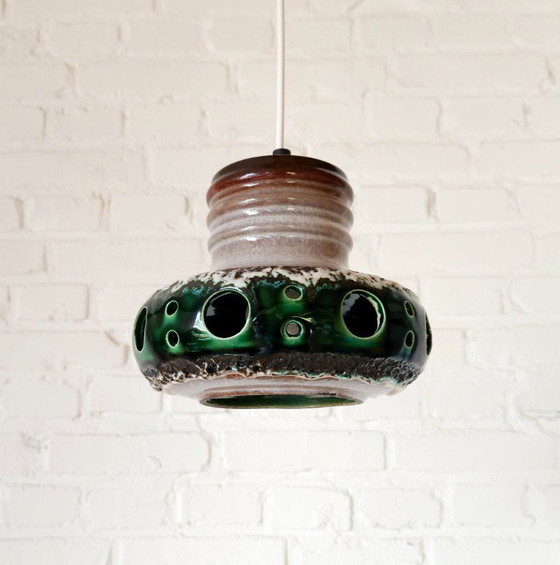 Image 1 of Keramieken aardewerken vintage hanglamp van Herda, west germany fat lava stijl, keramische retro, groene hanglamp