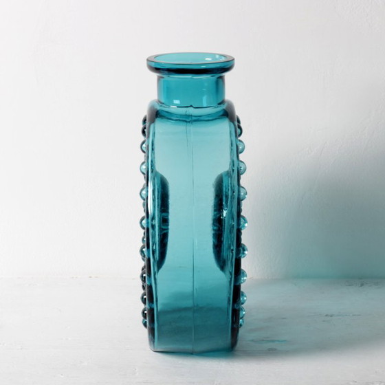Image 1 of Large Vintage Teal Sunburst Blue Bubble Glass Vase / Erich Jachmann for WMF / 1960s