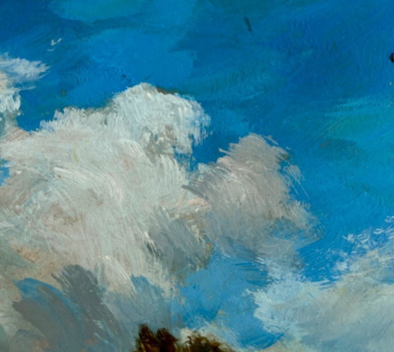 Image 1 of Origineel olieverfschilderij: Zomerlandschap: Een meisje loopt in een veld.