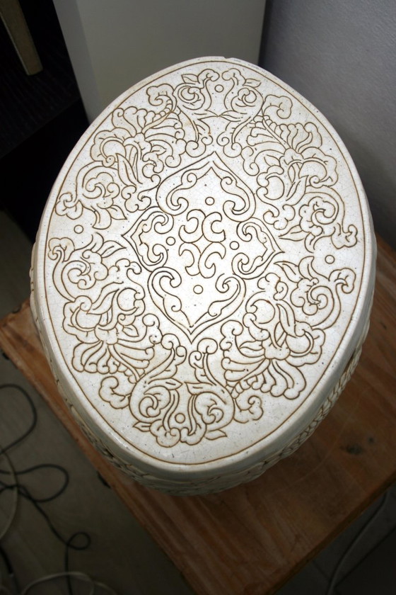 Sgabello/tavolino da giardino vintage in ceramica cinese – Traforato con drago, fenice e tartaruga – Sgabelli (photo 5 of 7)