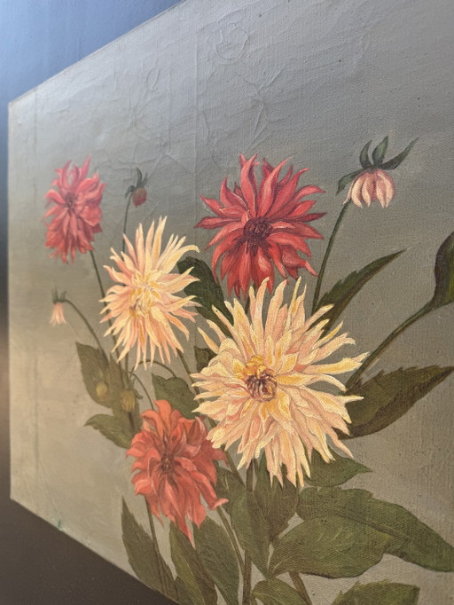 Antique painting of peonies, oil on canvas