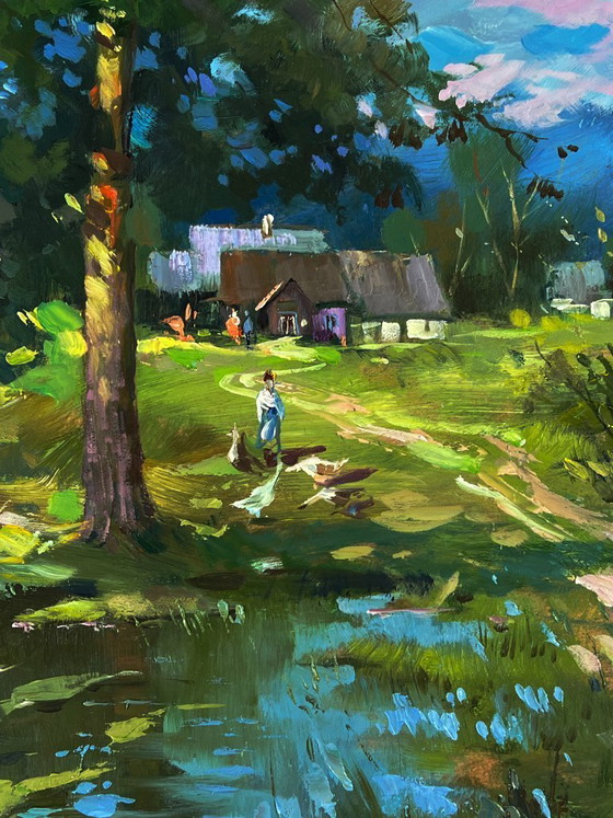 Image 1 of Original Oil Painting Nature Landscape Countryside Swamps near the Village