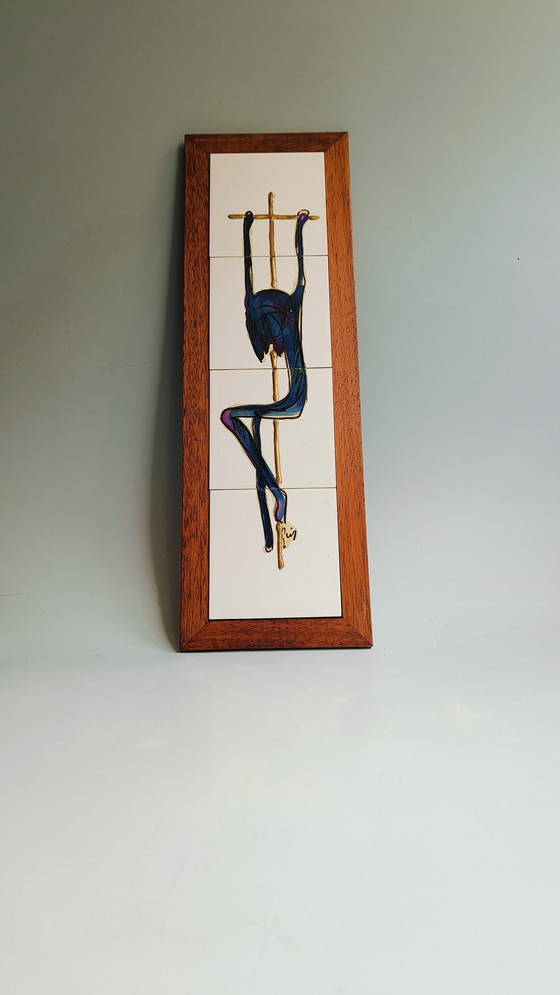 Image 1 of Old Modern Representation Impressionist Tile Tableau Christ on Cross Signed