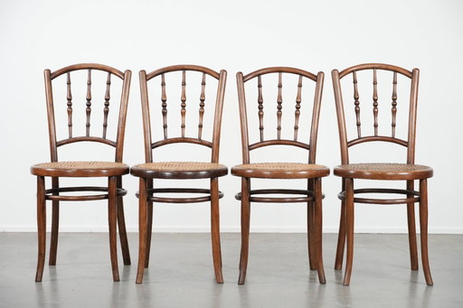 4 x Vintage-Bistro-Stühle aus Holz, Jacob & Josef Kohn Wien, mit Korbsitz