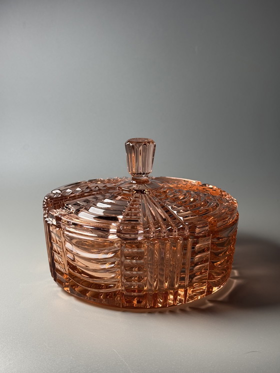 Image 1 of Art Deco Rosaline Bonbonniere / Sieradendoos met deksel - Boheems glas - jaren 30