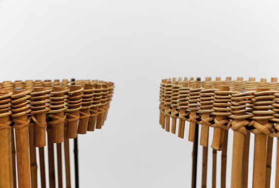 Image 1 of Set van 2 Mid-Century Modern ronde serveerwagens van bamboe, jaren 60,