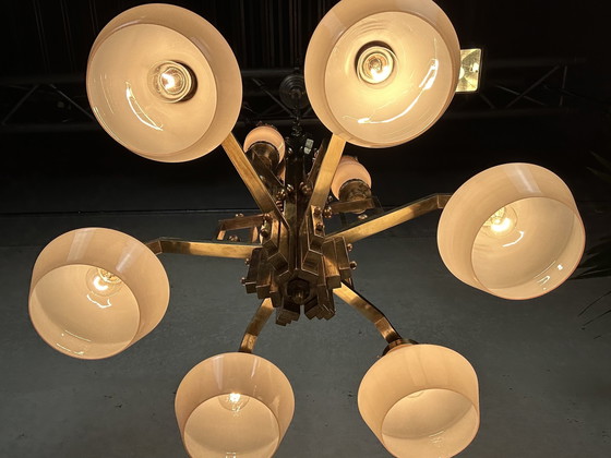 Image 1 of Art Deco chandelier - opaline and brass