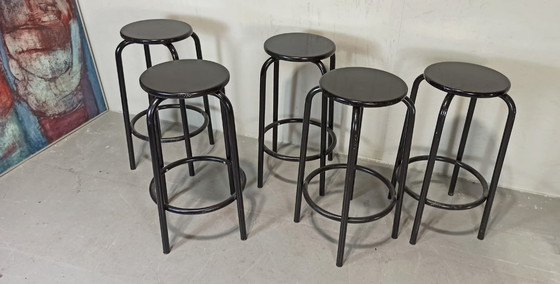 Image 1 of 5 x vintage black round bar stools 
