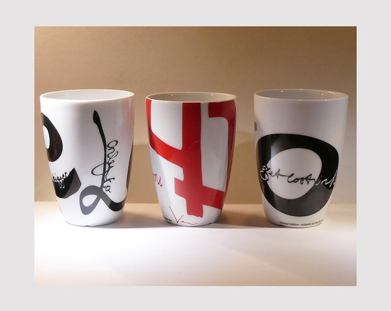 Image 1 of 3 Menu thermal mugs, design by Pernille Vea, Love series, 2 x black, 1 x red, Denmark 2000s