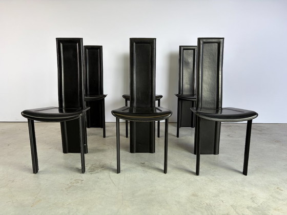 Sedie da pranzo vintage in pelle nera, set di 6, anni '80 (photo 9 of 9)