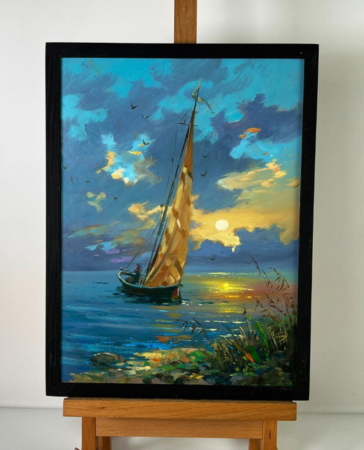 Peinture à l'huile originale : paysage marin, ciel, voilier au coucher du soleil