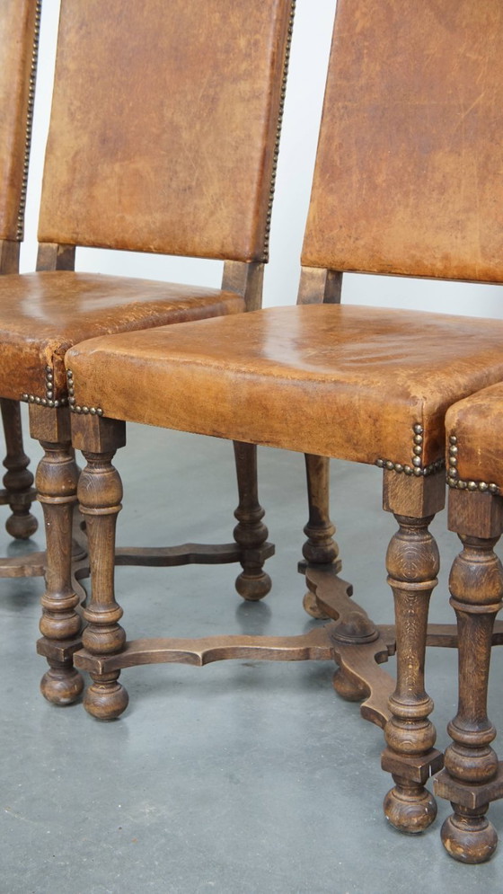 Image 1 of 4 x Sedia da pranzo antica in legno e pelle di pecora