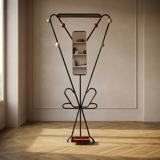 Perchero vintage atribuido a Roger Feraud, metal negro con esferas de colores, años 70, 22 x 82 x 180 cm – kapstokken