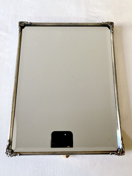 Image 1 of Antique framed mirror, beveled glass and silver-plated metal frame, 1930s-1940s