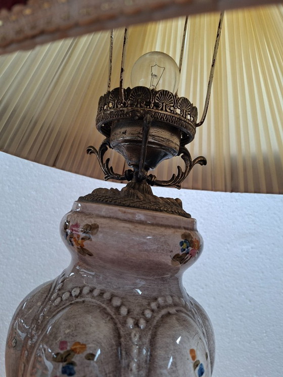 Image 1 of Vintage Hand-Painted Ceramic and Bordeaux Velvet Table Lamp