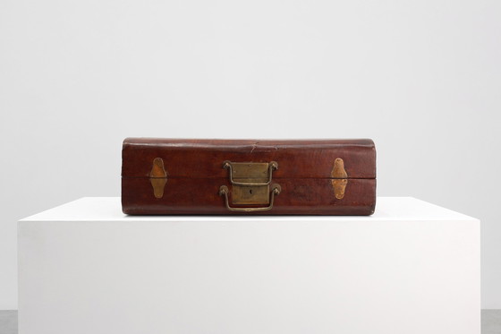 Image 1 of Vintage brown leather suitcase with copper details, China 1900s