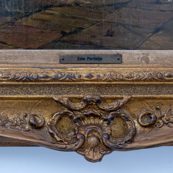 Image 1 of Edward Portielje "La lettre", peinture à l'huile flamande du 19e siècle représentant deux dames