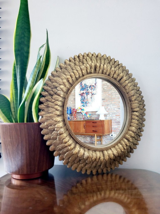 Vintage sun mirror with decorative feathers, resin, 1950s, Belgium