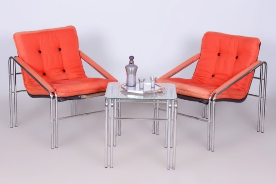 Originele 20e-eeuwse zitset met tafel, chroom, glas, Slowakije, jaren 70 – Stoelen / fauteuils, Textile (photo 14 of 14)