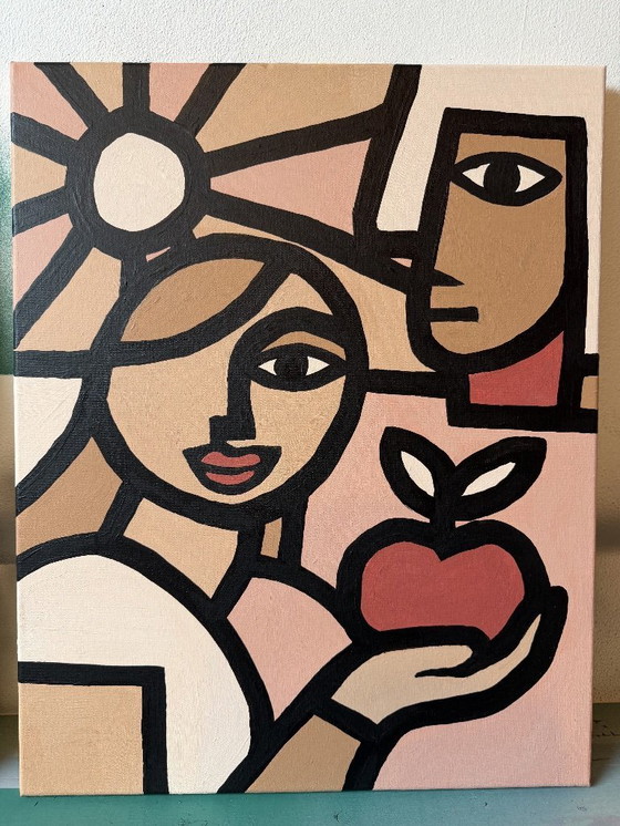 Image 1 of Femme contemporaine avec pomme, dessin au trait original d'Alexandre.