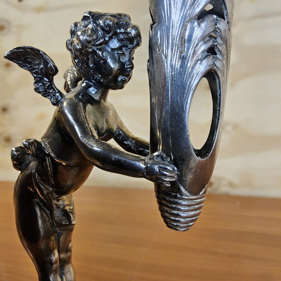 Image 1 of Antique silver-plated vase / bougeoir / candlestick cherub / angel