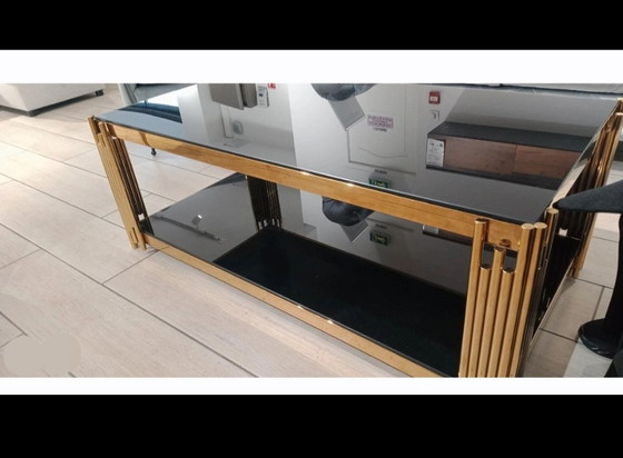 Tavolino da caffè rettangolare in vetro nero e metallo dorato, arriana, Tavolini da caffè, Modern (foto 4 di 6)