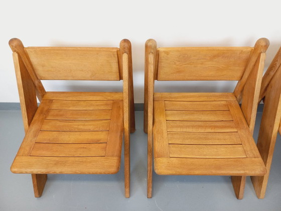 Image 1 of Exceptional suite of a large rectangular table and 4 vintage Brutalist chairs in solid oak from the 60s