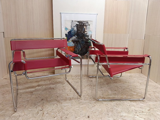 Image 1 of KNOLL Studio Set van 2 WASSILY B3 fauteuils (NIEUW) in rood leer