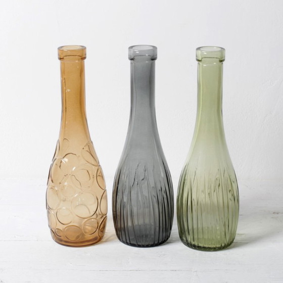 Image 1 of Set of 3 Grey, Green and Amber Glass Vases / Colored Bottles or Flower Vases / Ikea / 2000s