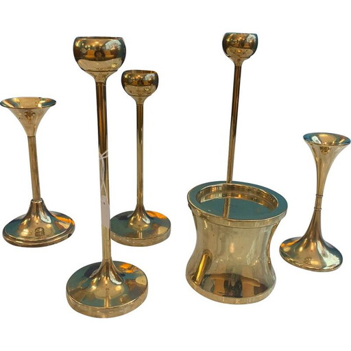 Ensemble de 6 bougeoirs vintage en laiton F.W., Danemark 1960