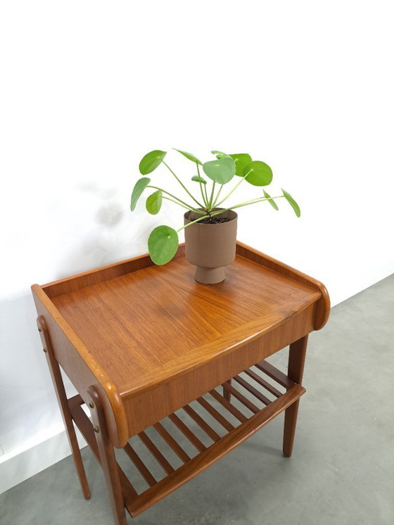 Image 1 of Teak veneer bedside table set with drawer from Sweden