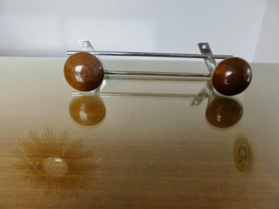 Image 1 of Porte manteau mural scandinave, bois et métal chromé, 60's 70's