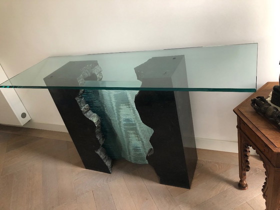 Image 1 of Vintage Roche Bobois consolewagen - Glazen gordijn met marmer