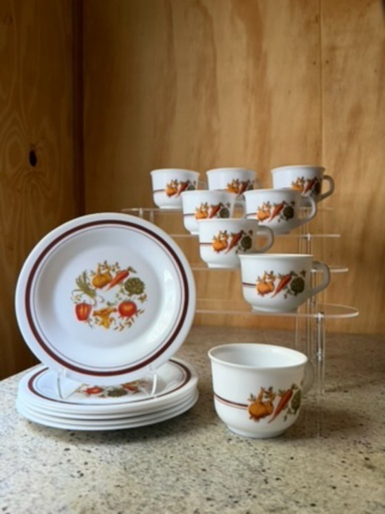 Vintage Arcopal France Vegetable Set - 13 Piece Service for 6 - 7 Mugs & 6 Plates - Retro 70s Gastronomie (photo 6 of 6)