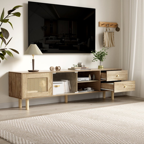 Image 1 of Urban Meuble TV-meubel in houtlook van rotan en glas met lades 172*35*48 cm