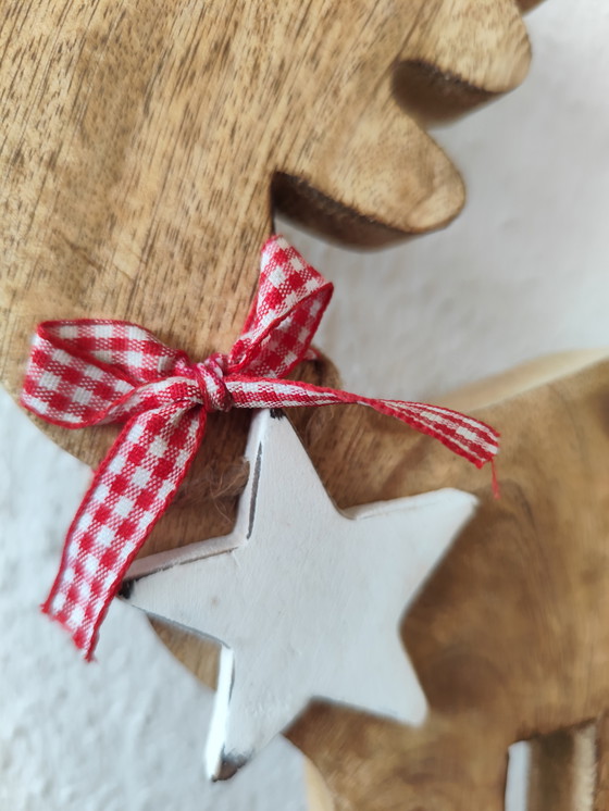 Image 1 of 🌲 Cute wooden moose figurine – 40 cm – natural – with bow & star 🌟