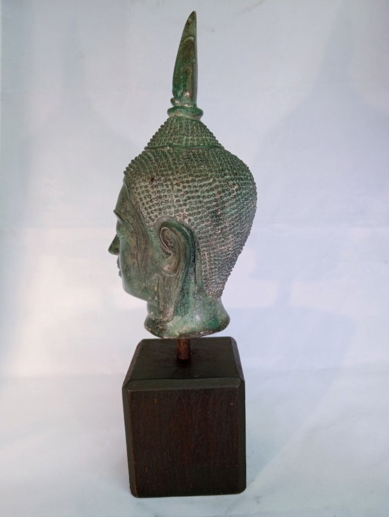 Sculptures Tête de Bouddha, Bronze sur Socle en Bois, Vert, Aziatisch (photo 4 sur 7)