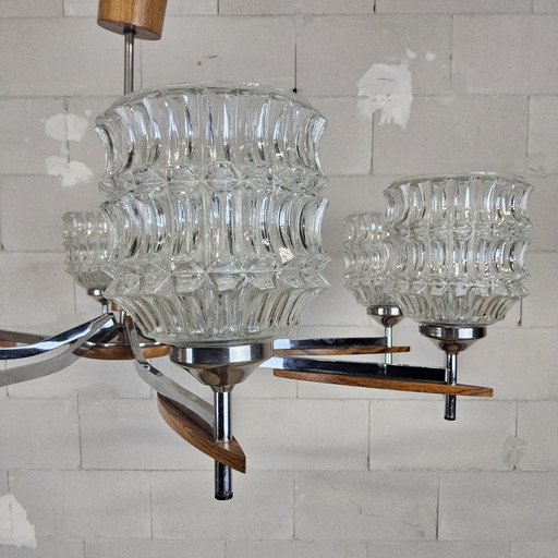 Vintage (1960s) chandelier (8 arms) chrome / wood (mid - Century design pendant lamp