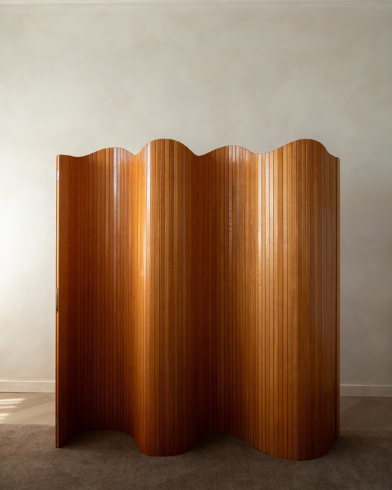 Image 1 of Vintage French Art Deco Pine Tambour Room Divider by Jomain Baumann for Baumann, 1930s