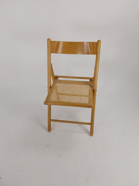 Image 1 of 4 x Mid - Century folding chairs in beech with rattan webbing seat