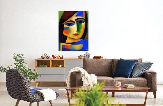 Image 1 of Gekleurd Canvas Frame / Abstracte Indiase Vrouw / Abstracte Kunst / Wanddecoratie (60 x 80 cm)