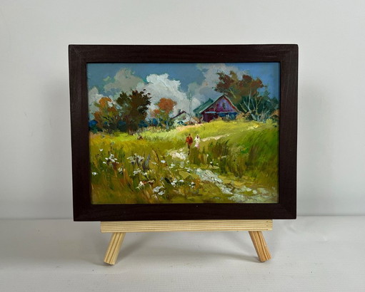 Original Oil Painting Summer Village Landscape A couple walking through a field