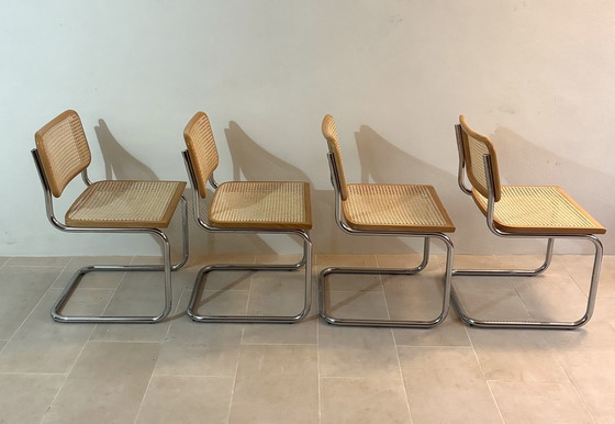 Image 1 of Set di sedie da pranzo a sbalzo in canna modello B32 in cromo di Cesca Italia, design di Marcel Breuer