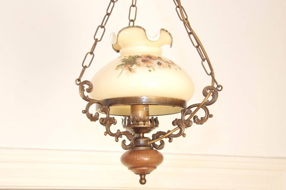 Image 1 of Ceiling lamp, pendant lamp, petroleum glass shade, 75-90cm, vintage