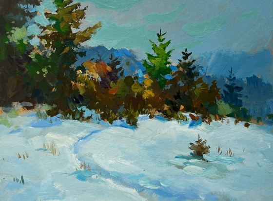 Image 1 of Origineel olieverfschilderij: Winterboslandschap in het besneeuwde bos.