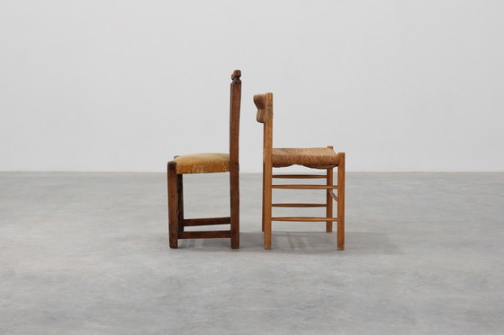 Image 1 of Sedia laterale spagnola in rovere intagliata a mano del XIX secolo con seduta in velluto