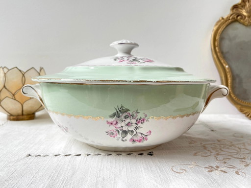 Soupière Vintage L'Amandinoise France Modèle Astrid Florale Blanche et Verte en Porcelaine des Années 50