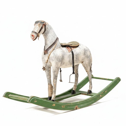 Caballo balancín de madera antiguo, juguete vintage con pátina original